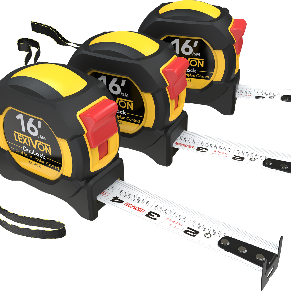 LX-207X3 tape measures with extended white measuring blades and wrist straps
