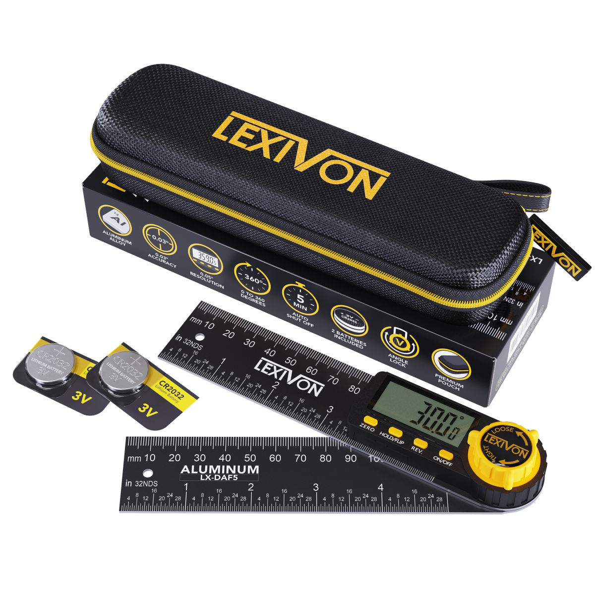 Digital angle finder with its full aluminum rules, LCD and locking knob beside the pouch and supplied coin cells