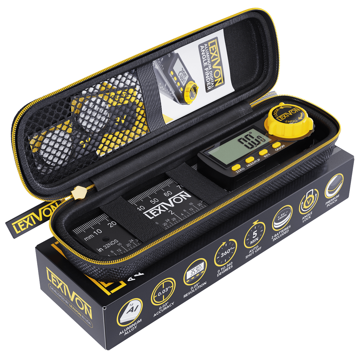 Digital angle finder and accessories inside the open zippered pouch
