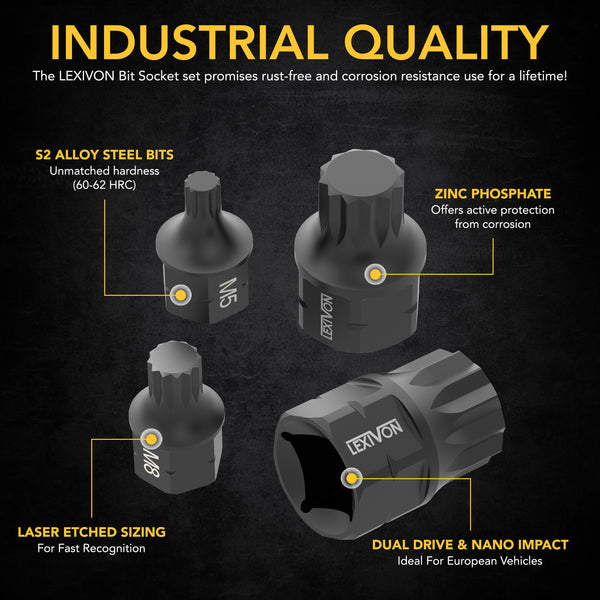 LEXIVON Triple Square Bit Socket Set, Dual Drive Supper Short XZN, Premium S2 Alloy Steel, 8-Piece M4~M16 | Aluminum Storage Rail (LX-145S)