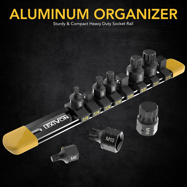 LEXIVON Triple Square Bit Socket Set, Dual Drive Supper Short XZN, Premium S2 Alloy Steel, 8-Piece M4~M16 | Aluminum Storage Rail (LX-145S)