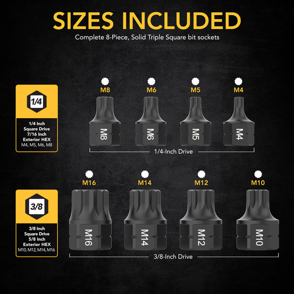 LEXIVON Triple Square Bit Socket Set, Dual Drive Supper Short XZN, Premium S2 Alloy Steel, 8-Piece M4~M16 | Aluminum Storage Rail (LX-145S)