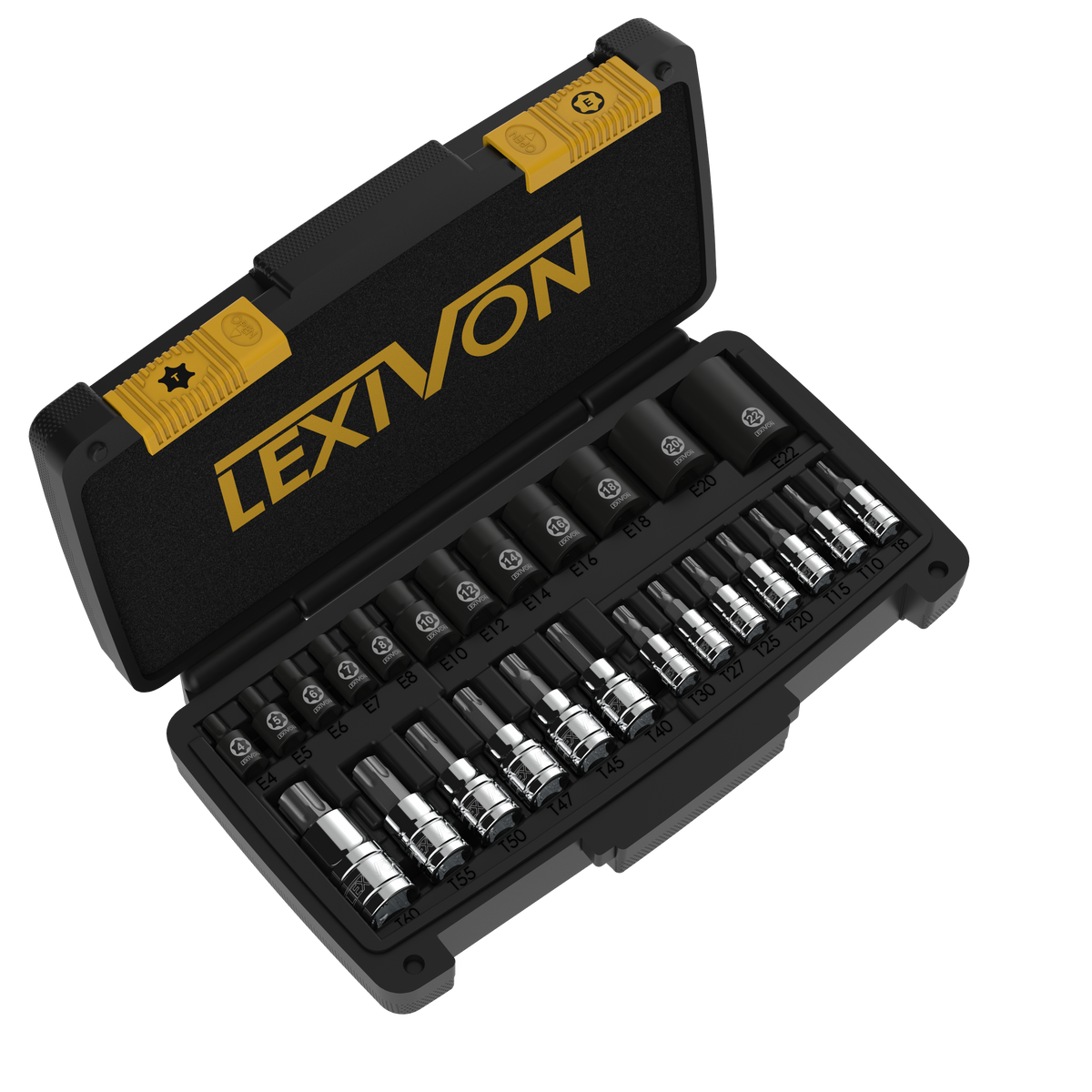 LX-148 external-star sockets and Torx bit sockets in an angled open storage case