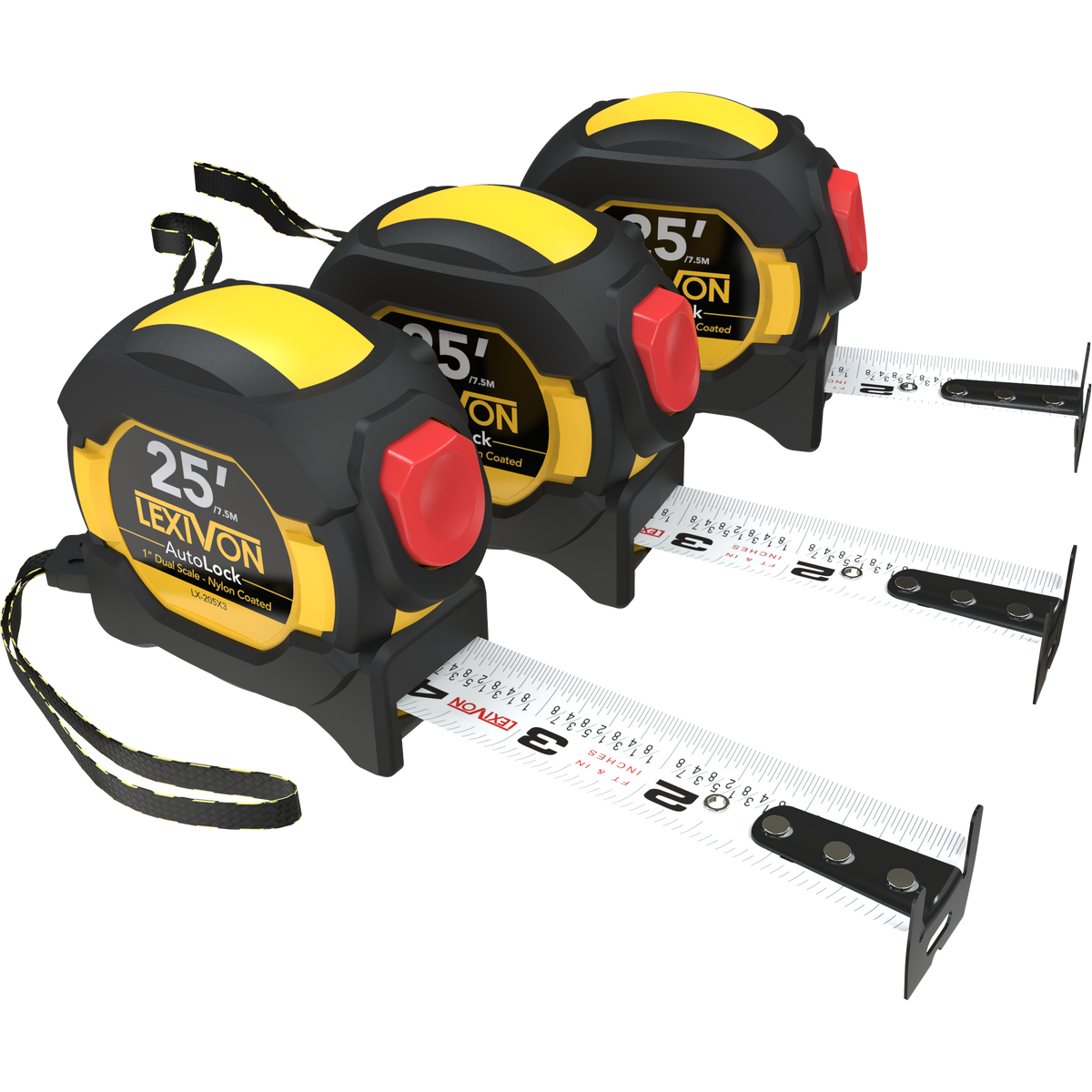 3-Pack] 25Ft/7.5m AutoLock Tape Measure | 1-Inch Wide Blade With