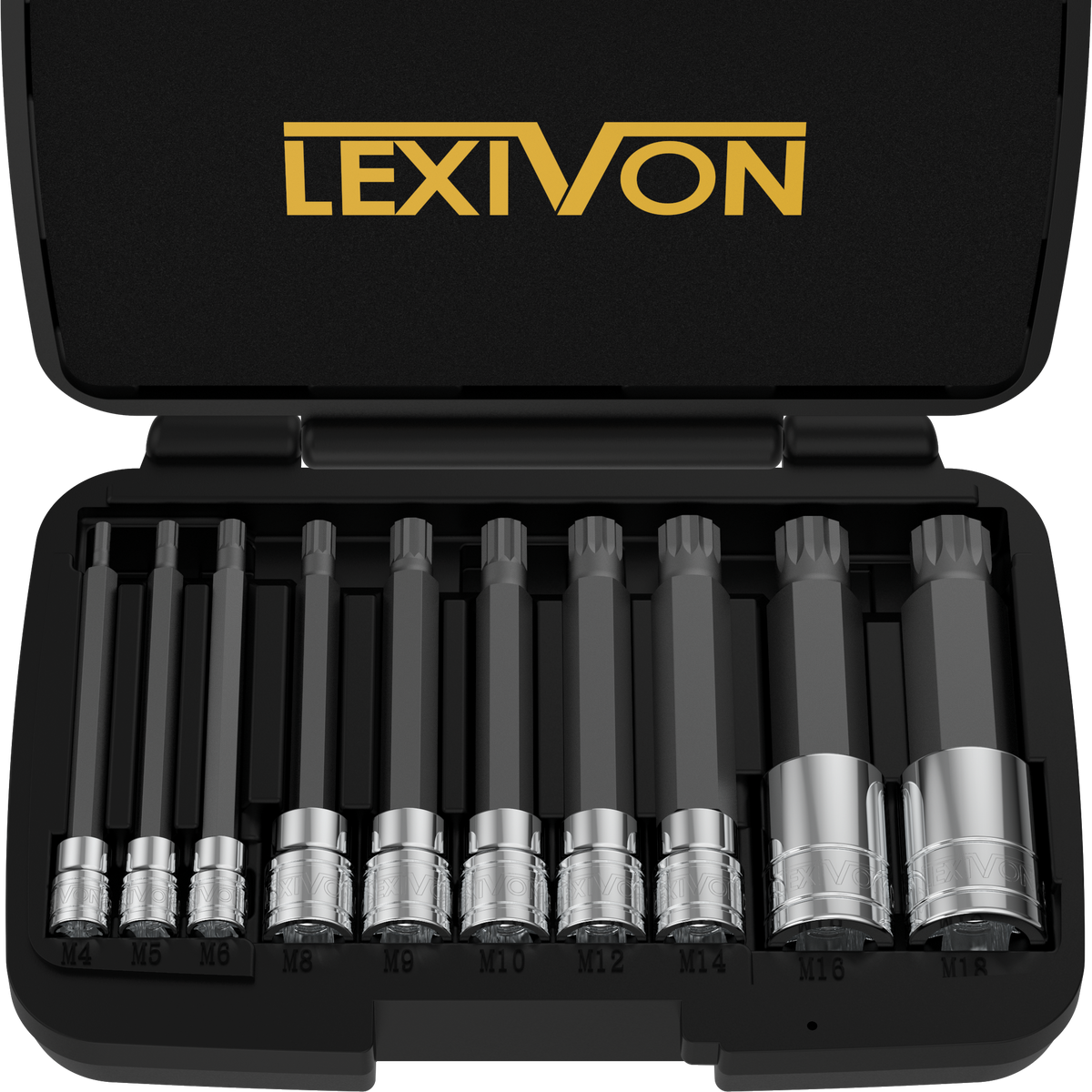 LX-145L bit sockets arranged in the open storage case