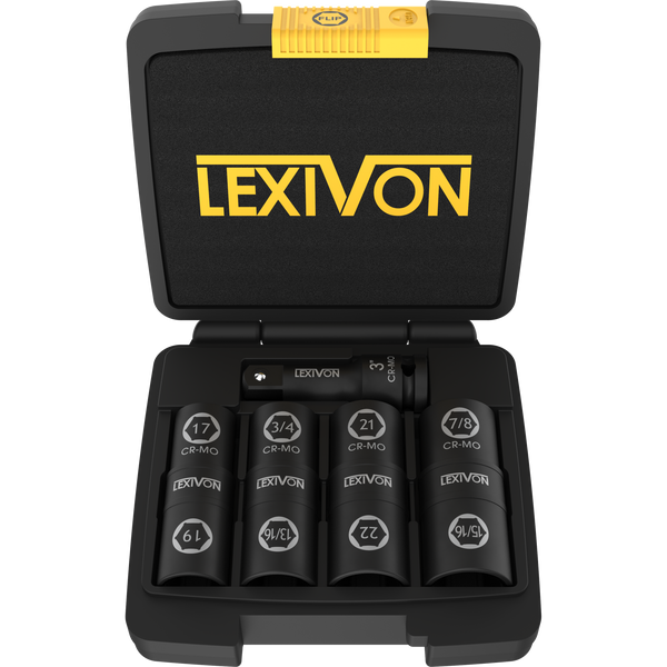 Lug Nut Impact Socket Set, 1/2-Inch Drive | Innovative 8-IN-4 Flip Socket Design, Covers Most Commonly Used Inch & Metric Wheel Nuts | Cr-Mo Steel = Full Impact Grade (LX-110)