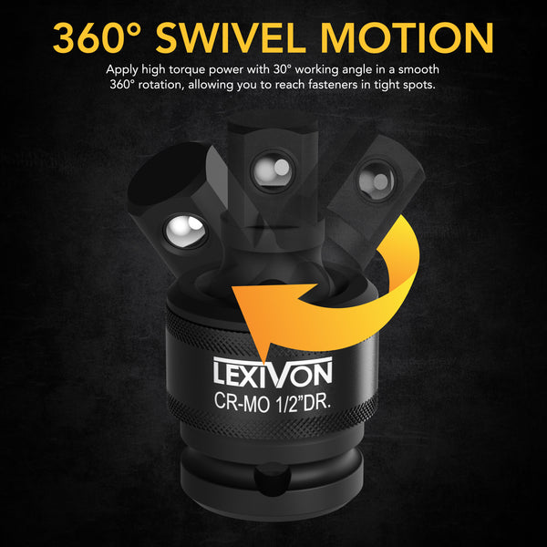 LEXIVON Premium Impact Universal Joint Socket Swivel Set | 3-Piece Ball Spring Design 1/2", 3/8", and 1/4" U-Joint Drive | Cr-Mo Steel - Full Impact Grade (LX-113)