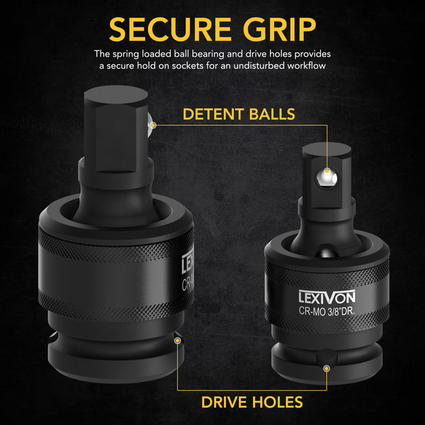 LEXIVON Premium Impact Universal Joint Socket Swivel Set | 3-Piece Ball Spring Design 1/2", 3/8", and 1/4" U-Joint Drive | Cr-Mo Steel - Full Impact Grade (LX-113)