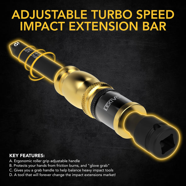 1/2" Impact Driver Speed Collar 10" Impact Extension Bar | Adjustable 3-Position Aluminum Spinning Handle, Cr-Mo Steel Extension = Fully Impact Grade (LX-116)