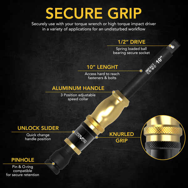 1/2" Impact Driver Speed Collar 10" Impact Extension Bar | Adjustable 3-Position Aluminum Spinning Handle, Cr-Mo Steel Extension = Fully Impact Grade (LX-116)