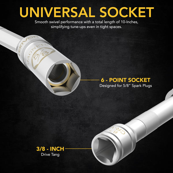 5/8" Swivel Magnetic Spark Plug Socket, 3/8" Drive x 10" Total Length | Enhanced Magnetic Design With Thin Wall Socket, Cr-v Steel (LX-122)