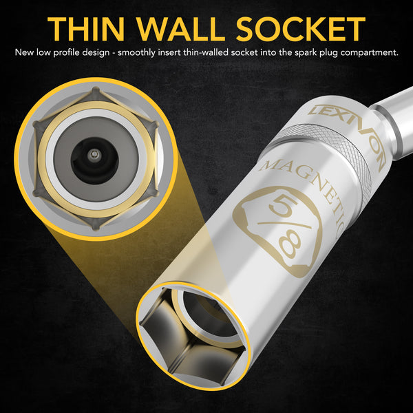5/8" Swivel Magnetic Spark Plug Socket, 3/8" Drive x 10" Total Length | Enhanced Magnetic Design With Thin Wall Socket, Cr-v Steel (LX-122)