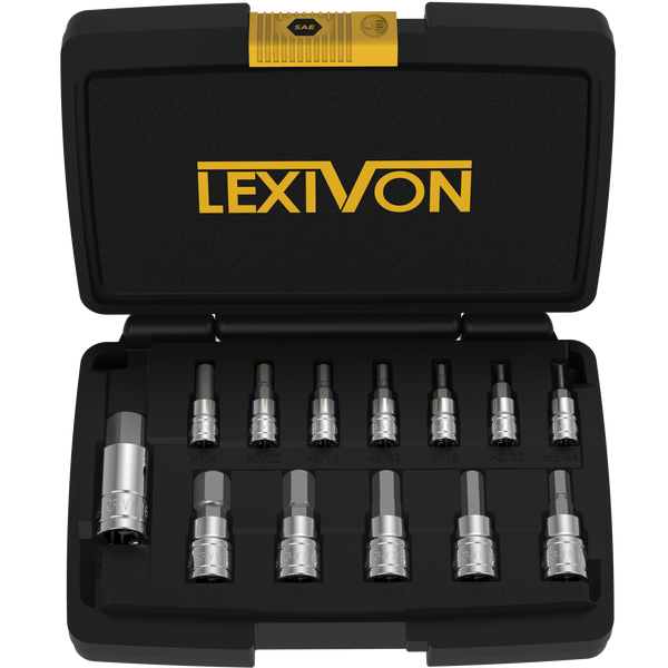 HEX Bit Socket Set, Premium S2 Alloy Steel | 13-Piece SAE 5/64" - 9/16" Set | Enhanced Storage Case (LX-142)