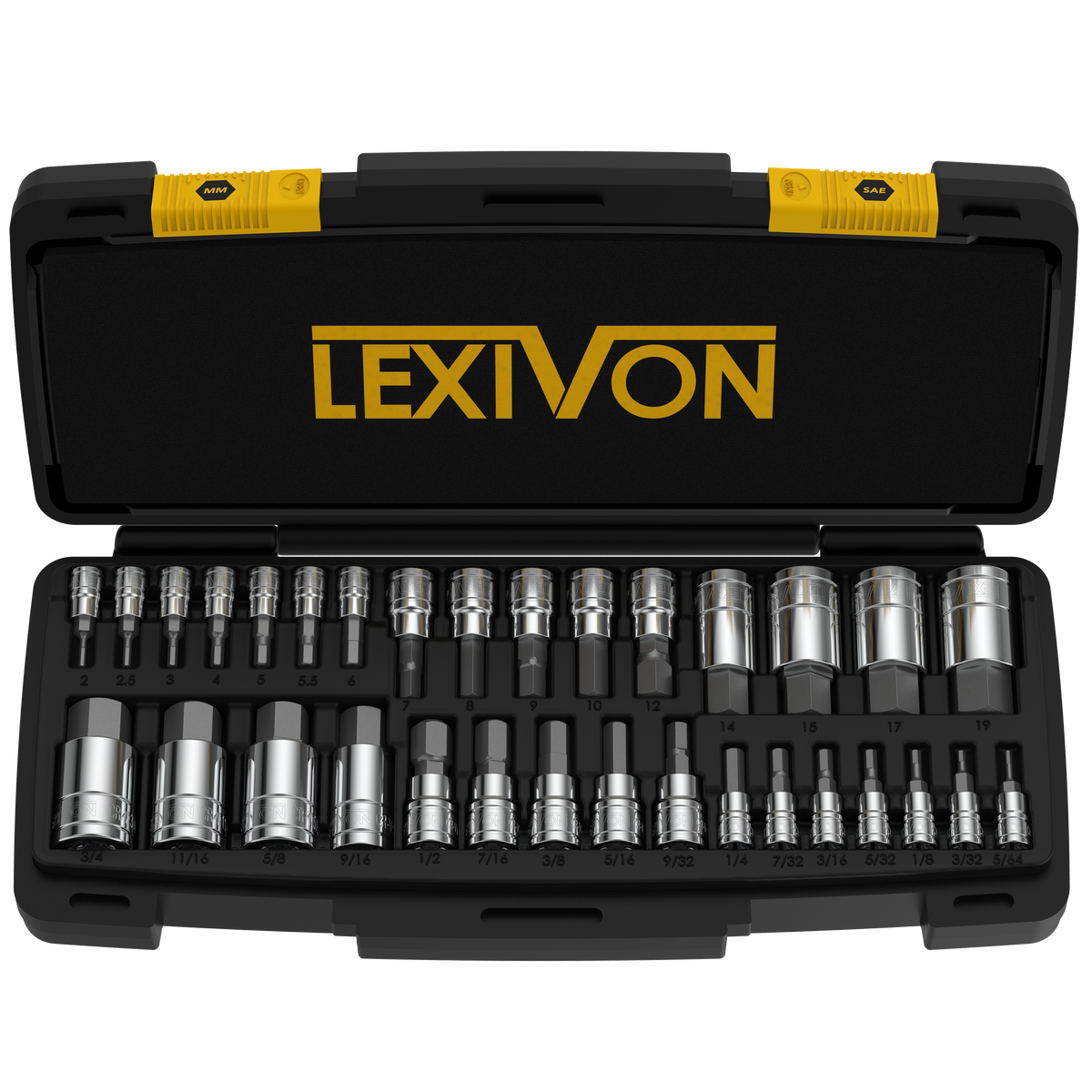 LX-144 bit sockets arranged in the open storage case