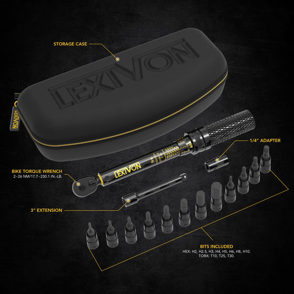 Bike Torque Wrench 1/4-Inch Dr. 15-Piece Kit | 72-Tooth Gear, Dual-Direction Click Type 2~26 Nm (17.7~230.1 in-lb) | Portable Maintenance Kit for Road & Mountain Bikes (LX-191)