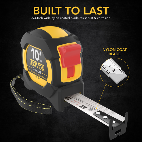 10Ft/3m DuaLock Tape Measure | 3/4-Inch Wide Blade with Nylon Coating, Matte Finish White & Yellow Dual Sided Rule Print | Ft/Inch/Fractions/Metric (LX-200)