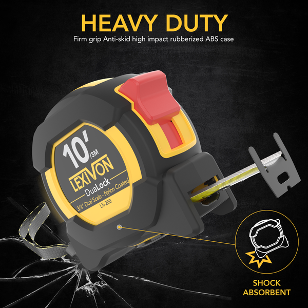 10Ft/3m DuaLock Tape Measure | 3/4-Inch Wide Blade with Nylon Coating, Matte Finish White & Yellow Dual Sided Rule Print | Ft/Inch/Fractions/Metric (LX-200)