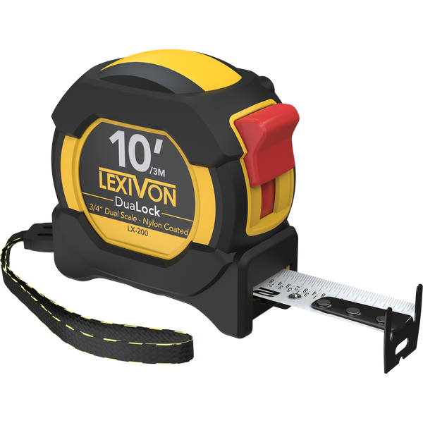 10Ft/3m DuaLock Tape Measure | 3/4-Inch Wide Blade with Nylon Coating, Matte Finish White & Yellow Dual Sided Rule Print | Ft/Inch/Fractions/Metric (LX-200)