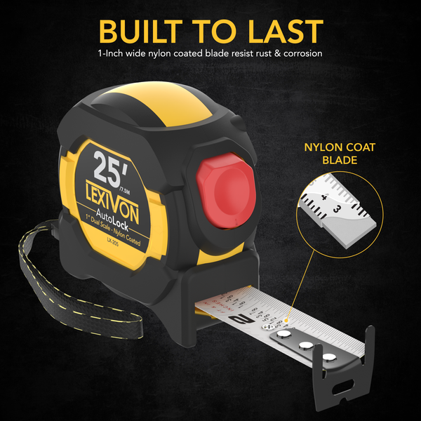 25Ft/7.5m AutoLock Tape Measure | 1-Inch Wide Blade With Nylon Coating, Matte Finish White & Yellow Dual Sided Rule Print | Ft/Inch/Fractions/Metric (LX-205)