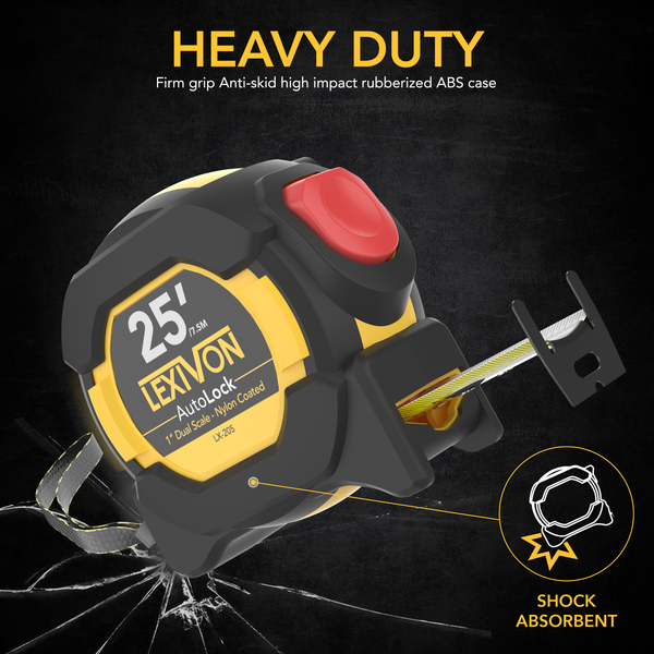 25Ft/7.5m AutoLock Tape Measure | 1-Inch Wide Blade With Nylon Coating, Matte Finish White & Yellow Dual Sided Rule Print | Ft/Inch/Fractions/Metric (LX-205)