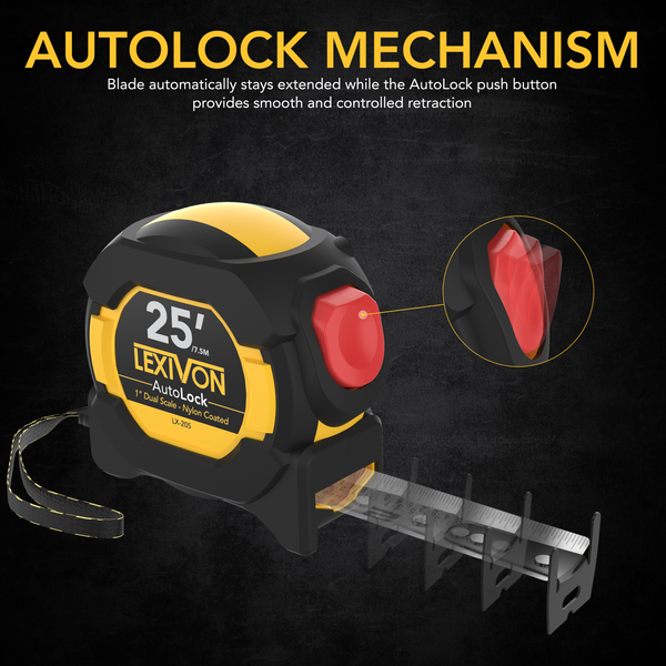 25Ft/7.5m AutoLock Tape Measure | 1-Inch Wide Blade With Nylon Coating, Matte Finish White & Yellow Dual Sided Rule Print | Ft/Inch/Fractions/Metric (LX-205)