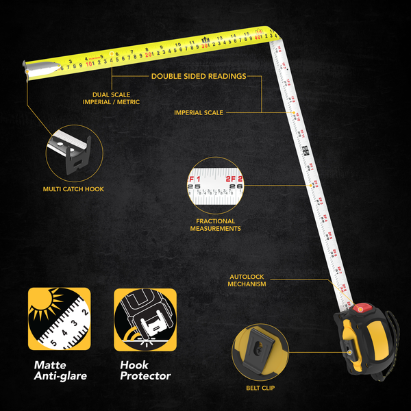 25Ft/7.5m AutoLock Tape Measure | 1-Inch Wide Blade With Nylon Coating, Matte Finish White & Yellow Dual Sided Rule Print | Ft/Inch/Fractions/Metric (LX-205)