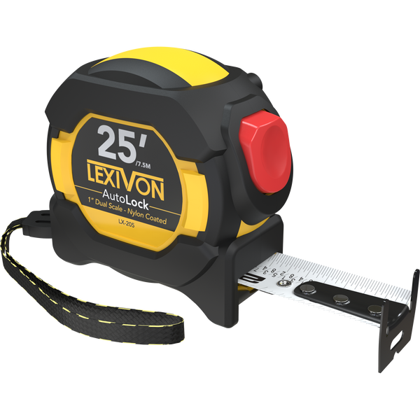 25Ft/7.5m AutoLock Tape Measure | 1-Inch Wide Blade With Nylon Coating, Matte Finish White & Yellow Dual Sided Rule Print | Ft/Inch/Fractions/Metric (LX-205)