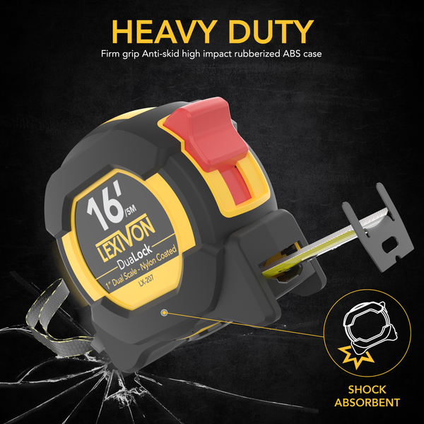 16Ft/5m DuaLock Tape Measure | 1-Inch Wide Blade With Nylon Coating, Matte Finish White & Yellow Dual Sided Rule Print | Ft/Inch/Fractions/Metric (LX-207)