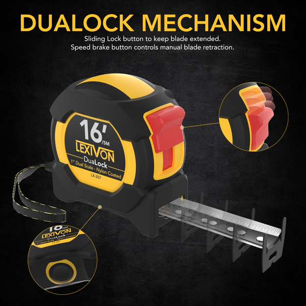 16Ft/5m DuaLock Tape Measure | 1-Inch Wide Blade With Nylon Coating, Matte Finish White & Yellow Dual Sided Rule Print | Ft/Inch/Fractions/Metric (LX-207)