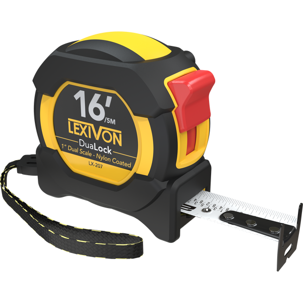 16Ft/5m DuaLock Tape Measure | 1-Inch Wide Blade With Nylon Coating, Matte Finish White & Yellow Dual Sided Rule Print | Ft/Inch/Fractions/Metric (LX-207)