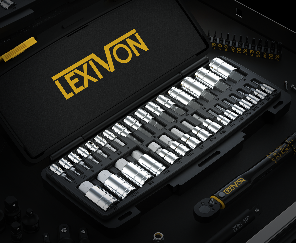 LX-144 bit sockets arranged in their open storage case