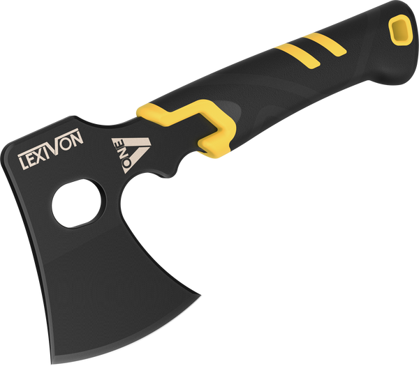 V-ONE Survival Hatchet, 9.5" Full Tang lightweight Axe | 6mm Stainless Steel Electro-Black Finish Blade, Ergonomic Bi-Material Grip Handle | Protective Slim Sheath included (LX-VONE-PP)