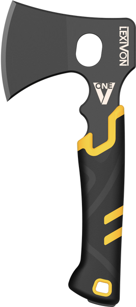 V-ONE Survival Hatchet, 9.5" Full Tang lightweight Axe | 6mm Stainless Steel Electro-Black Finish Blade, Ergonomic Bi-Material Grip Handle | Protective Slim Sheath included (LX-VONE-PP)