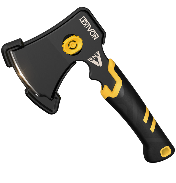 V-ONE Survival Hatchet, 9.5" Full Tang lightweight Axe | 6mm Stainless Steel Electro-Black Finish Blade, Ergonomic Bi-Material Grip Handle | Protective Slim Sheath included (LX-VONE-PP)