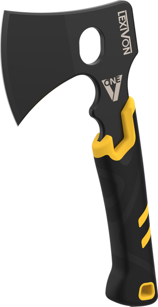 V-ONE Survival Hatchet, 9.5" Full Tang lightweight Axe | 6mm Stainless Steel Electro-Black Finish Blade, Ergonomic Bi-Material Grip Handle | Protective Slim Sheath included (LX-VONE-PP)