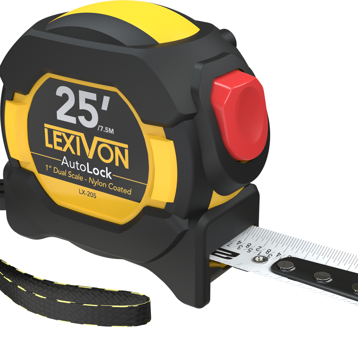 LX-205 tape measure with extended white measuring blade and wrist strap