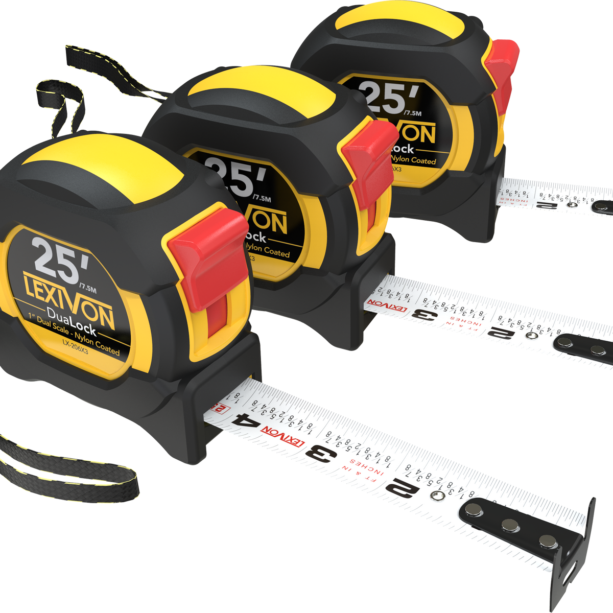 LX-206X3 tape measures with extended white measuring blades and wrist straps