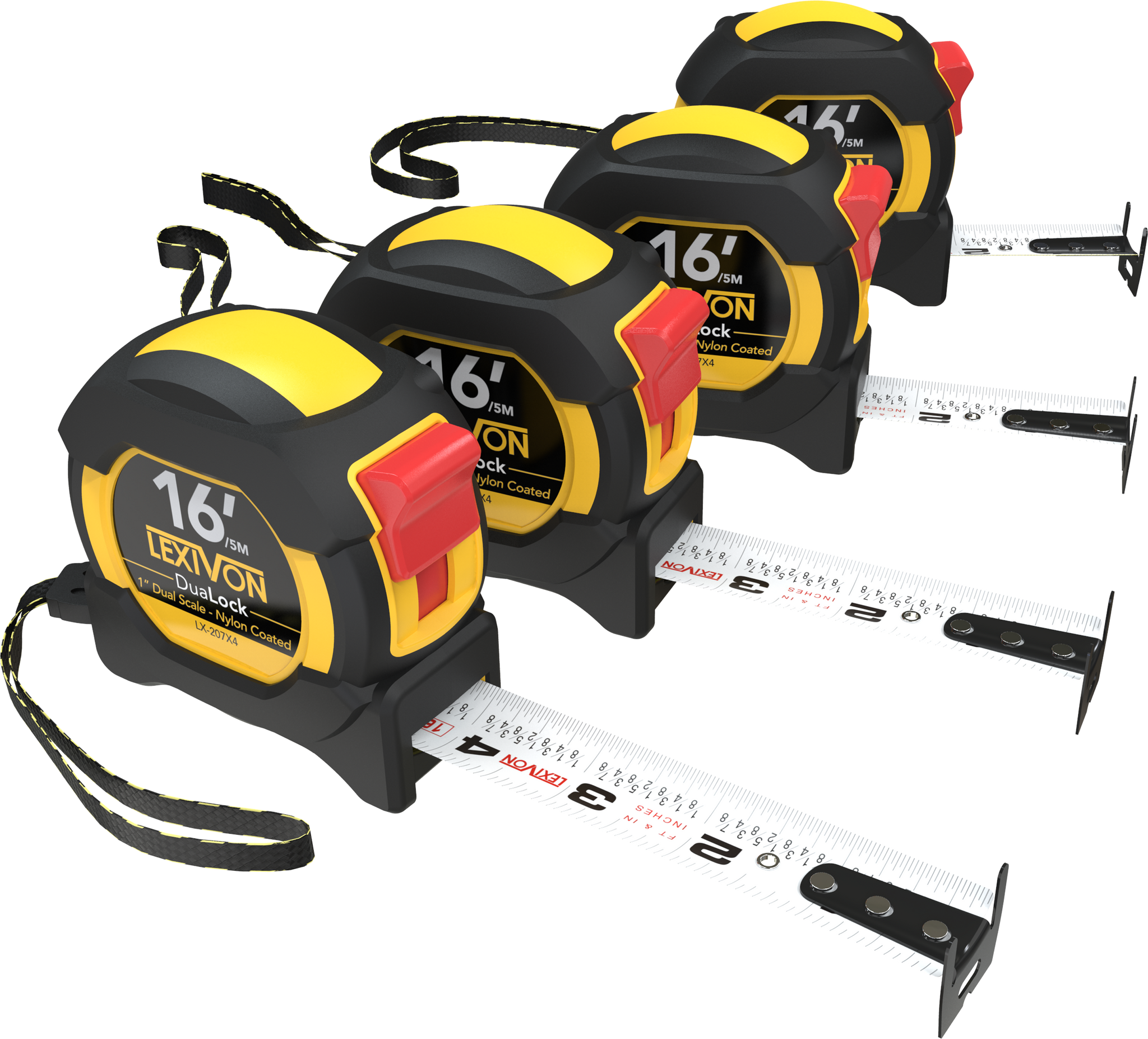 LEXIVON [4-Pack] 16Ft/5m DuaLock Tape Measure | 1-Inch Wide Blade With Nylon Coating, Matte Finish White & Yellow Dual Sided Rule Print | Ft/Inch/Fractions/Metric (LX-207X4)