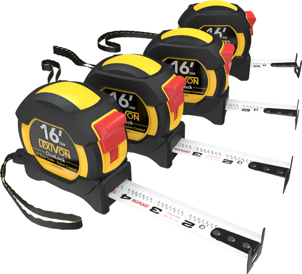 LEXIVON [4-Pack] 16Ft/5m DuaLock Tape Measure | 1-Inch Wide Blade With Nylon Coating, Matte Finish White & Yellow Dual Sided Rule Print | Ft/Inch/Fractions/Metric (LX-207X4)