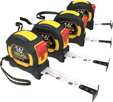 LEXIVON [4-Pack] 16Ft/5m DuaLock Tape Measure | 1-Inch Wide Blade With Nylon Coating, Matte Finish White & Yellow Dual Sided Rule Print | Ft/Inch/Fractions/Metric (LX-207X4)