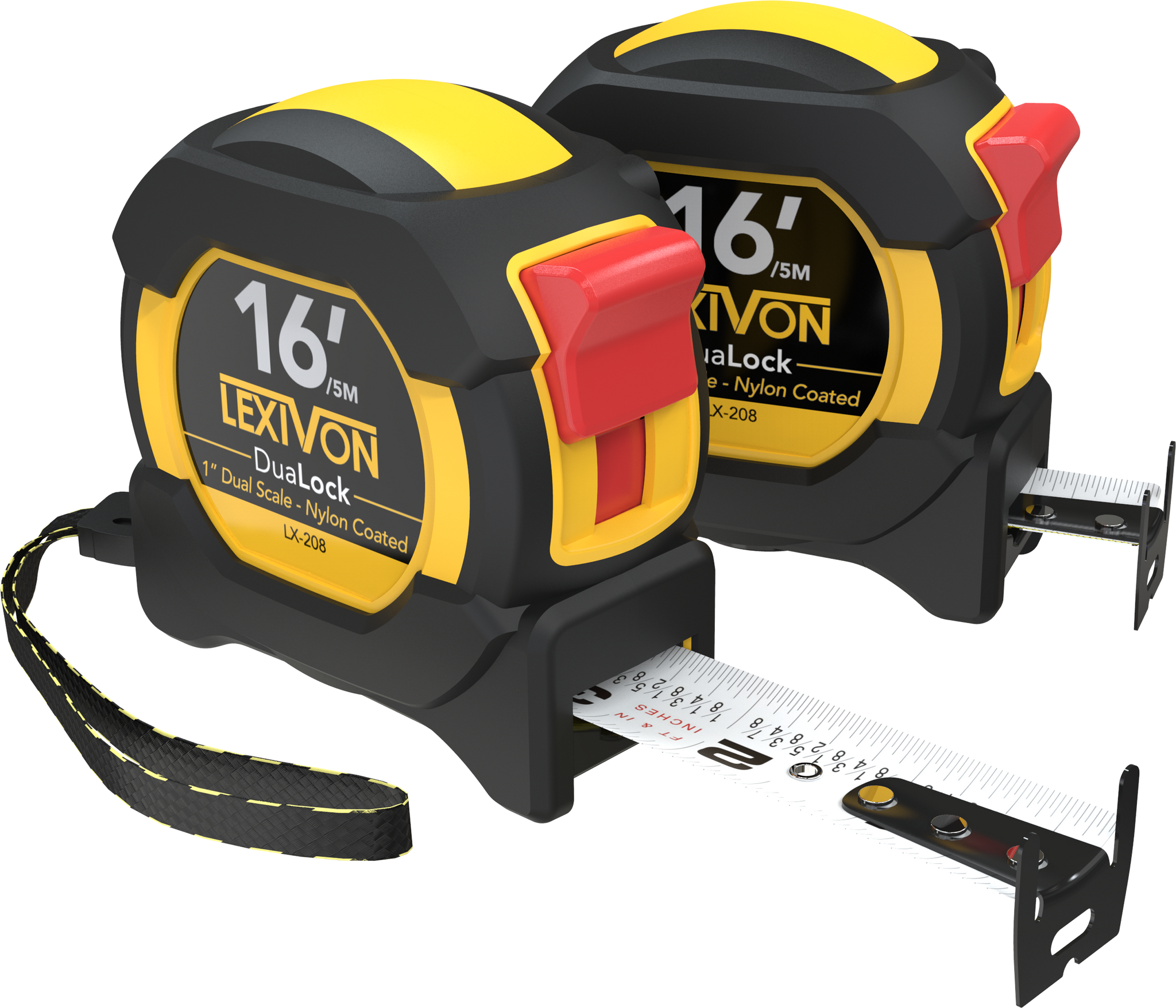 LEXIVON [2-Pack] 16Ft/5m DuaLock Tape Measure | 1-Inch Wide Blade With Nylon Coating, Matte Finish White & Yellow Dual Sided Rule Print | Ft/Inch/Fractions/Metric (LX-208)