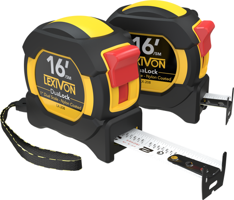 LEXIVON [2-Pack] 16Ft/5m DuaLock Tape Measure | 1-Inch Wide Blade With Nylon Coating, Matte Finish White & Yellow Dual Sided Rule Print | Ft/Inch/Fractions/Metric (LX-208)