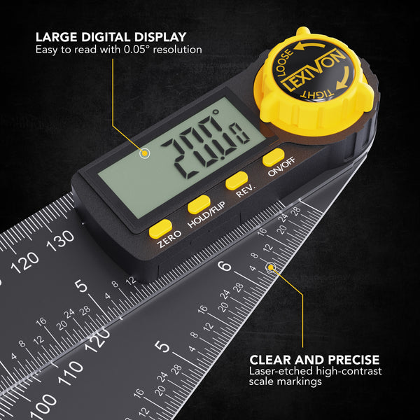 LEXIVON Aluminum Digital Angle Finder Gauge, 7-inch/180mm Multi-Purpose Protractor, Includes XL Display and Rugged Zippered Pouch (LX-DAF7)
