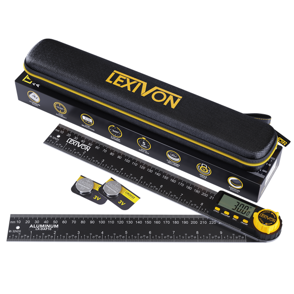 LEXIVON Aluminum Digital Angle Finder Gauge, 10-inch/250mm Multi-Purpose Protractor, Includes XL Display and Rugged Zippered Pouch (LX-DAF10)