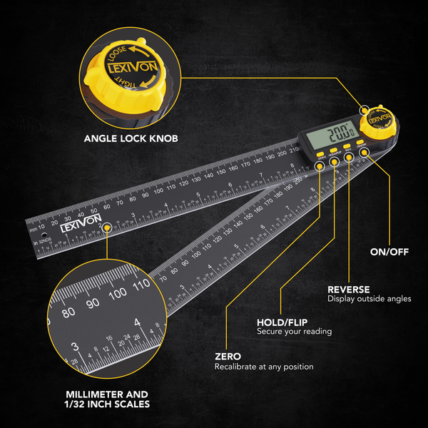 LEXIVON Aluminum Digital Angle Finder Gauge, 10-inch/250mm Multi-Purpose Protractor, Includes XL Display and Rugged Zippered Pouch (LX-DAF10)