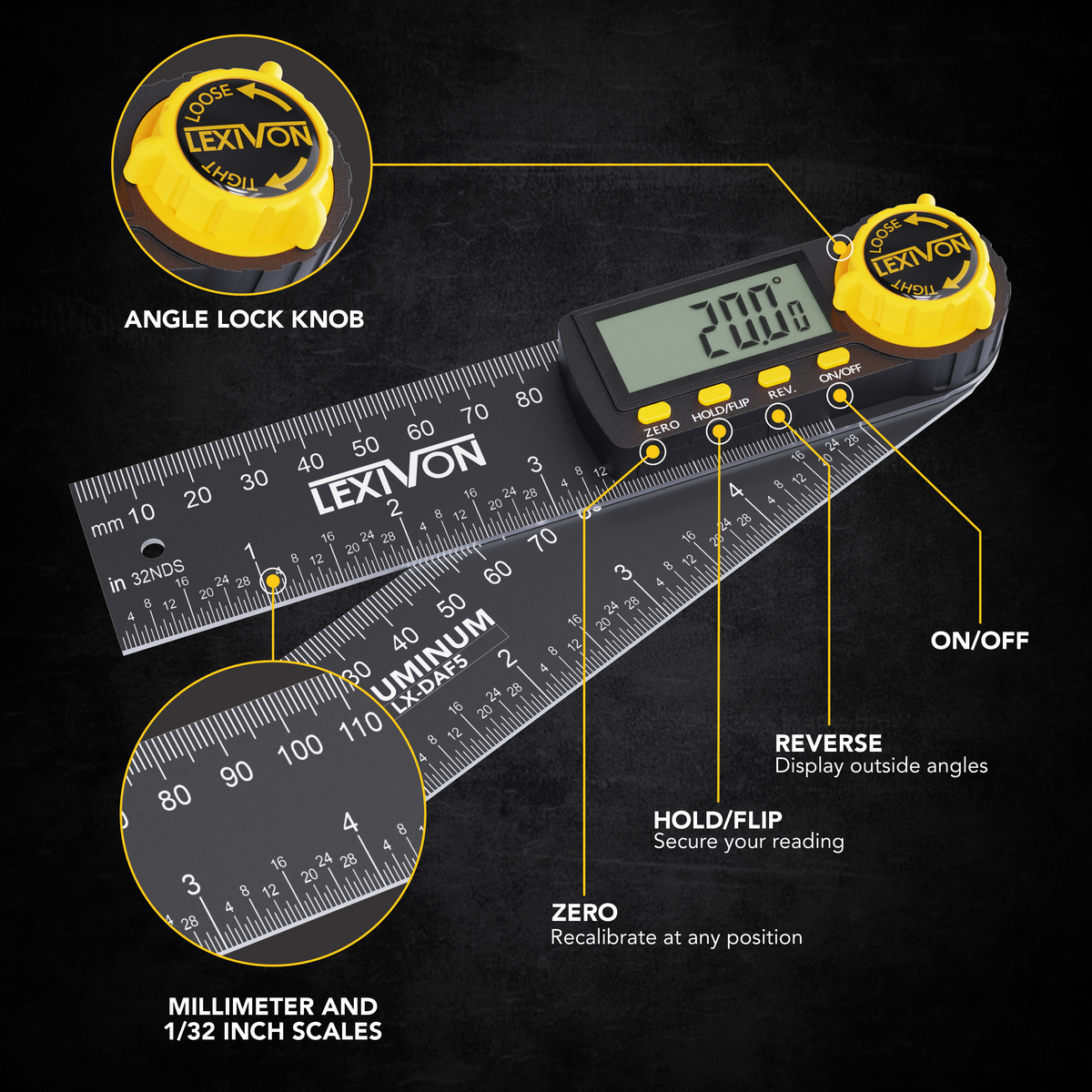 LX-DAF5 Aluminum Digital Angle Finder Gauge, 5-inch/130mm Multi-Purpose Protractor, Incl, image 4