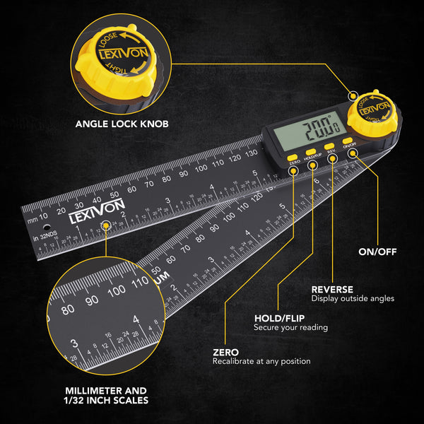 LEXIVON Aluminum Digital Angle Finder Gauge, 7-inch/180mm Multi-Purpose Protractor, Includes XL Display and Rugged Zippered Pouch (LX-DAF7)