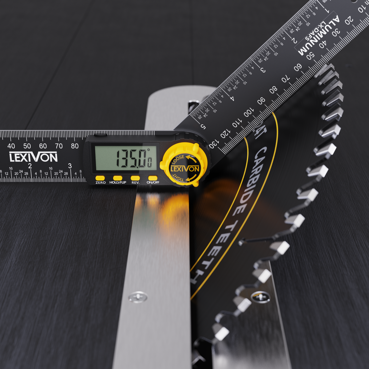 Digital angle finder showing its LCD, display controls and locking knob beside a saw blade
