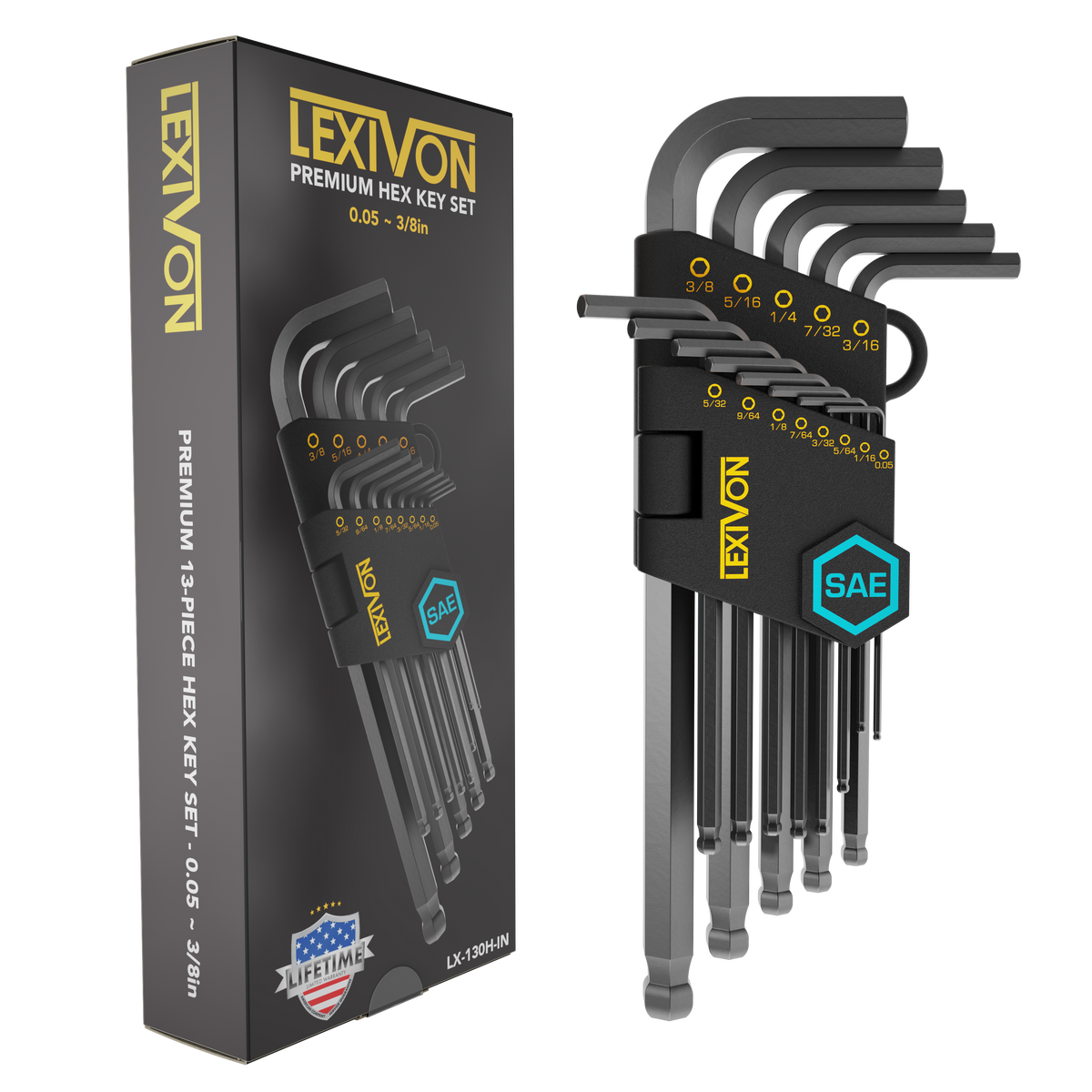 LEXIVON Allen Wrench Set, 13-Piece Premium SAE Hex Keys, L-Shaped Long Arm Ball End Design, Industrial-Grade S2 Alloy Steel (LX-130H-IN)