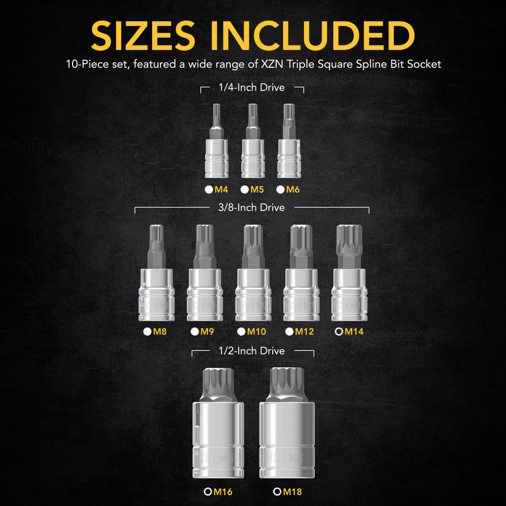 XZN Triple Square Spline Bit Socket Set, Premium S2 Alloy Steel | 10-P ...